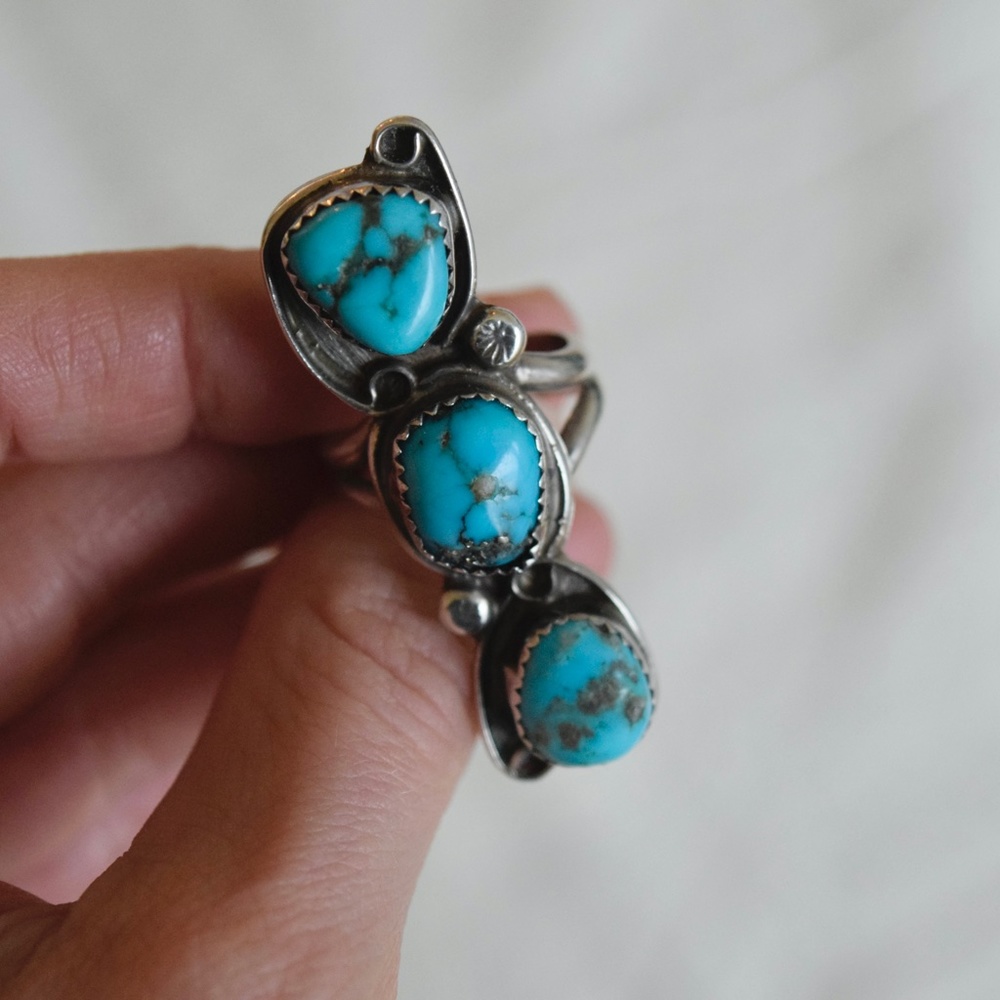 Vintage Size 7 Morenci Turquoise Pyrite Triple Stone Long Ring Sterling Silver - Picture 5 of 7